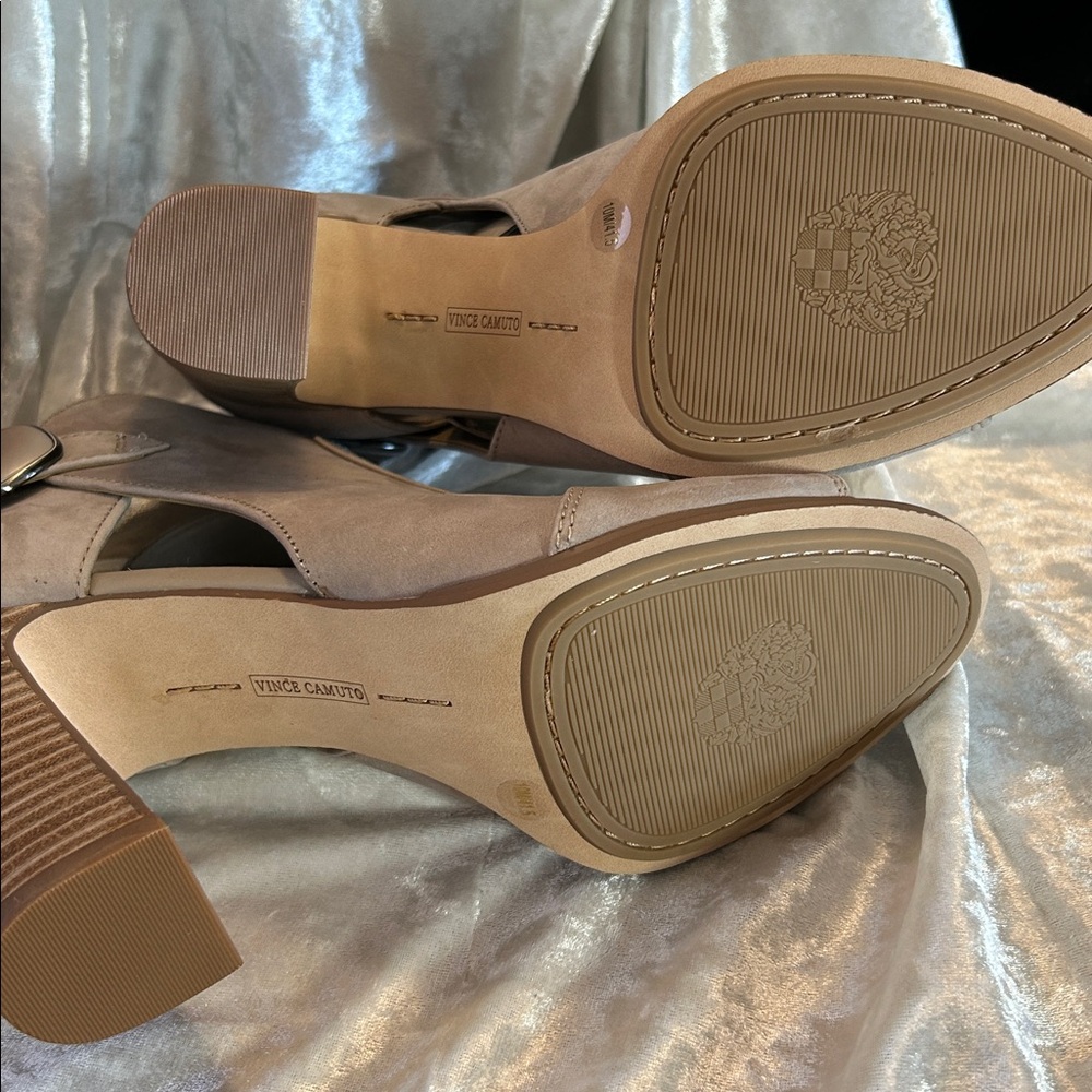 Vince Camuto Taupe Suede Open-Toe Stacked Heel Booties - Picture 8 of 11